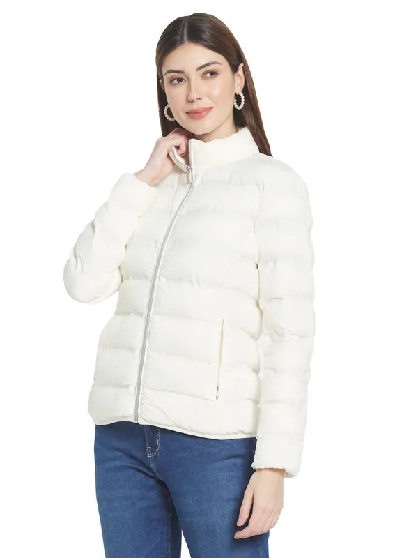 Mettle Women Off White Stand Collar Padded Jacket