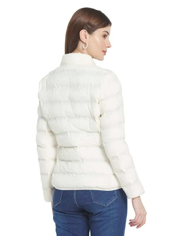 Mettle Women Off White Stand Collar Padded Jacket