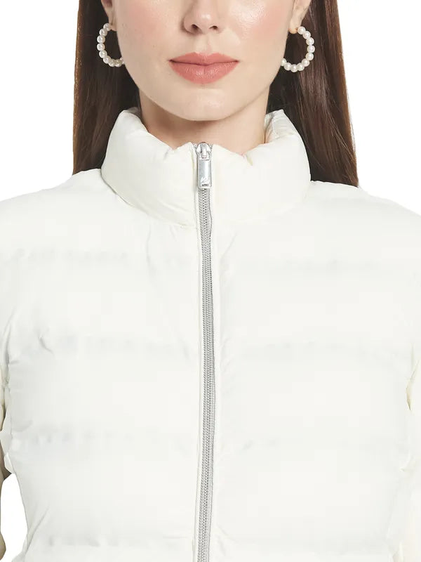 Mettle Women Off White Stand Collar Padded Jacket