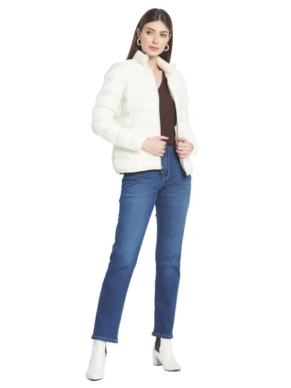 Mettle Women Off White Stand Collar Padded Jacket