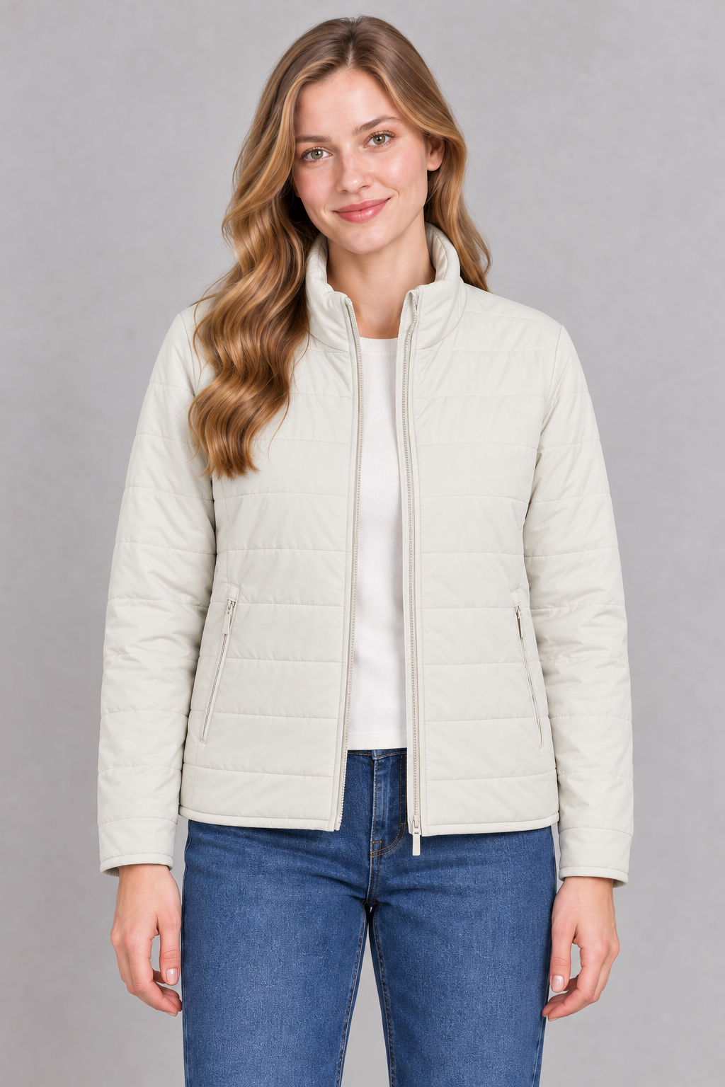 Women’s Lightweight Reversible Nylon Puffer Jacket – Ivory Champagne Regular Fit