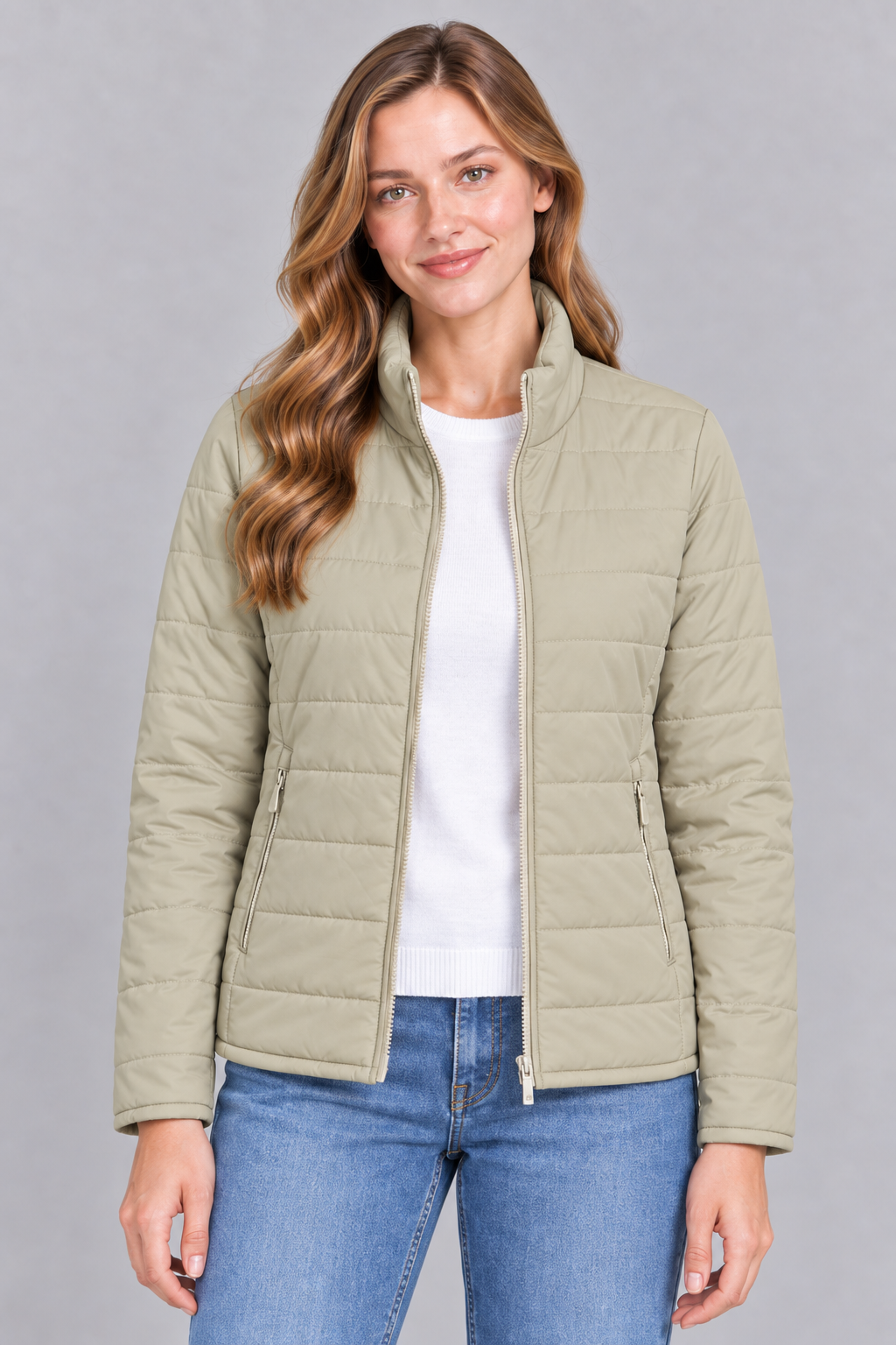 Women’s Lightweight Reversible Nylon Puffer Jacket – Ivory Champagne Regular Fit