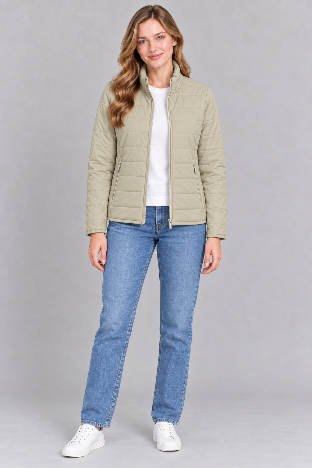 Women’s Lightweight Reversible Nylon Puffer Jacket – Ivory Champagne Regular Fit