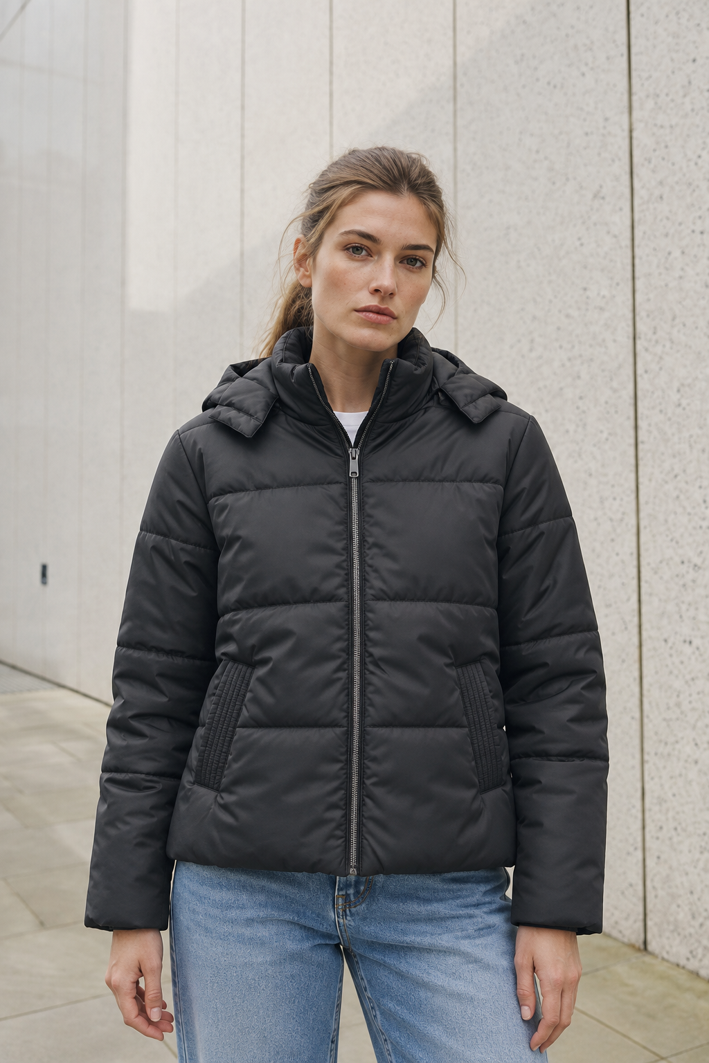 Women’s Black Nylon Puffer Jacket with Hood – Regular Fit Winter Jacket