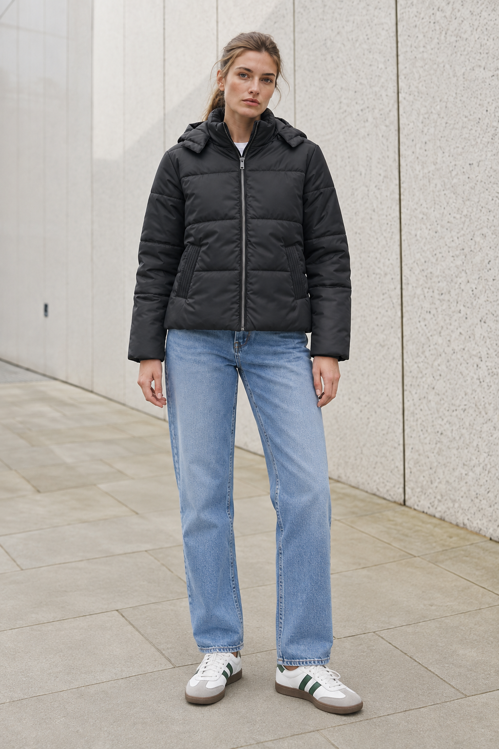Women’s Black Nylon Puffer Jacket with Hood – Regular Fit Winter Jacket