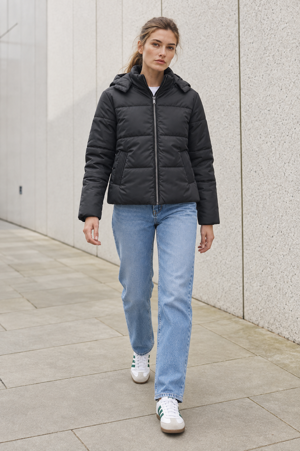 Women’s Black Nylon Puffer Jacket with Hood – Regular Fit Winter Jacket