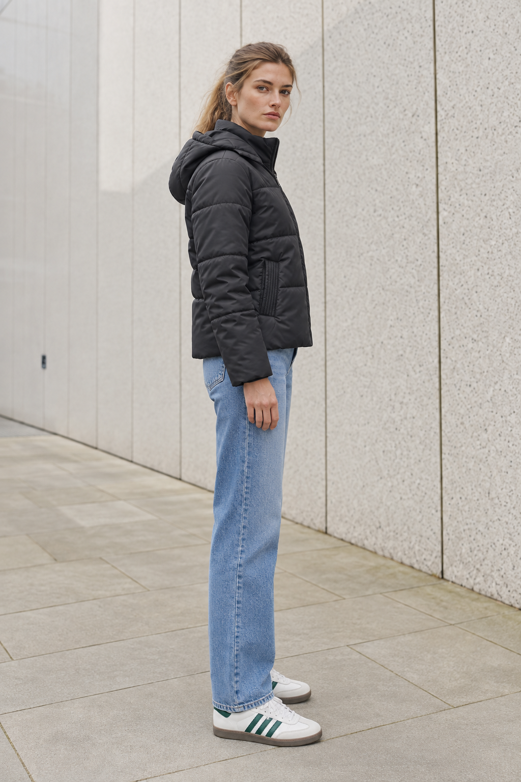 Women’s Black Nylon Puffer Jacket with Hood – Regular Fit Winter Jacket
