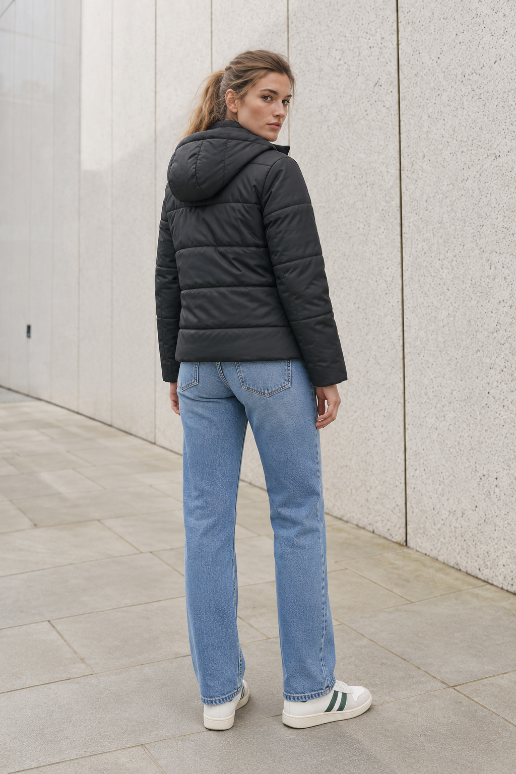 Women’s Black Nylon Puffer Jacket with Hood – Regular Fit Winter Jacket