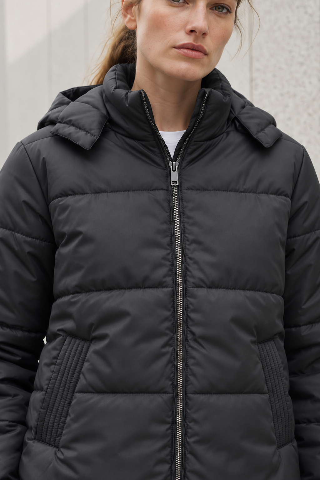 Women’s Black Nylon Puffer Jacket with Hood – Regular Fit Winter Jacket