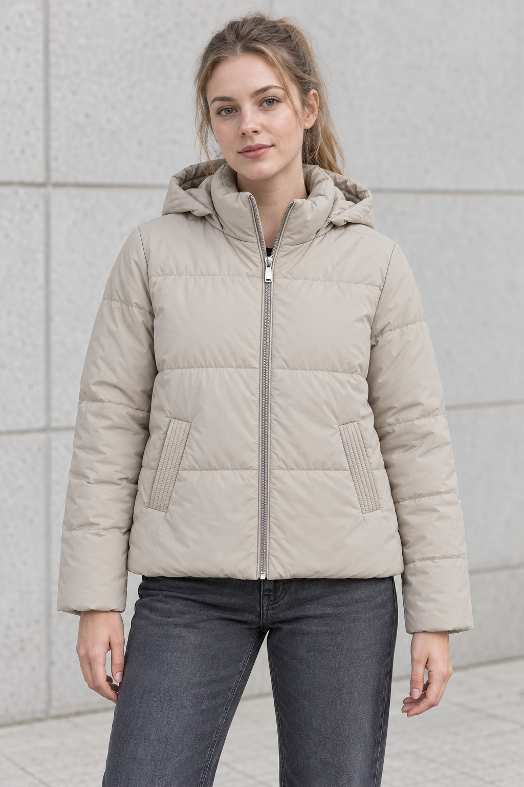 Women’s Stone Nylon Puffer Jacket with Hood – Regular Fit Winter Jacket