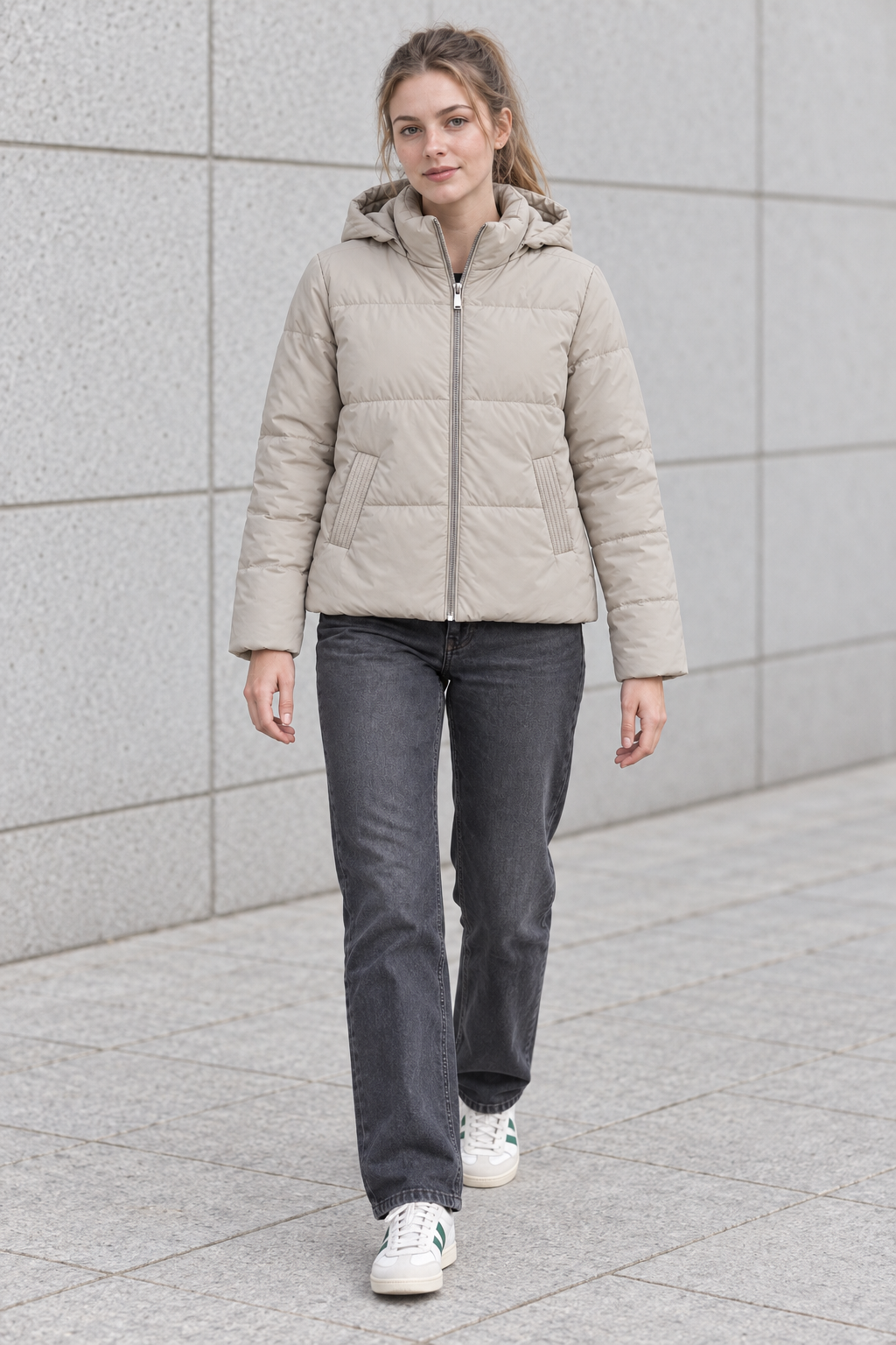 Women’s Stone Nylon Puffer Jacket with Hood – Regular Fit Winter Jacket