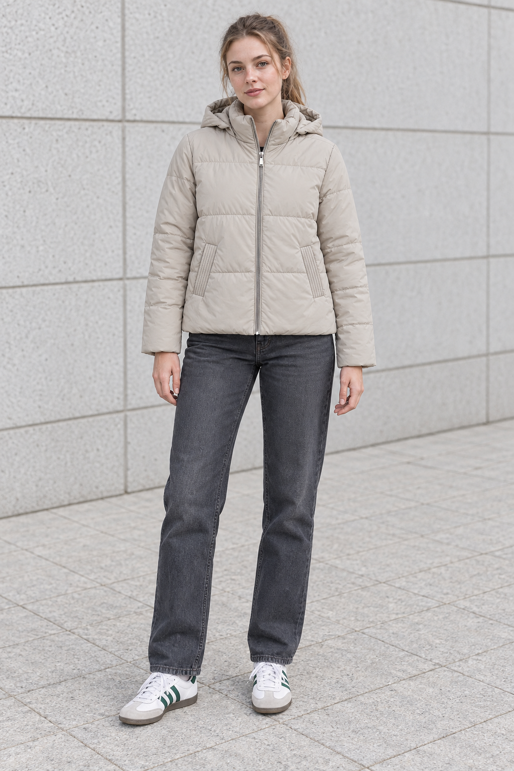 Women’s Stone Nylon Puffer Jacket with Hood – Regular Fit Winter Jacket
