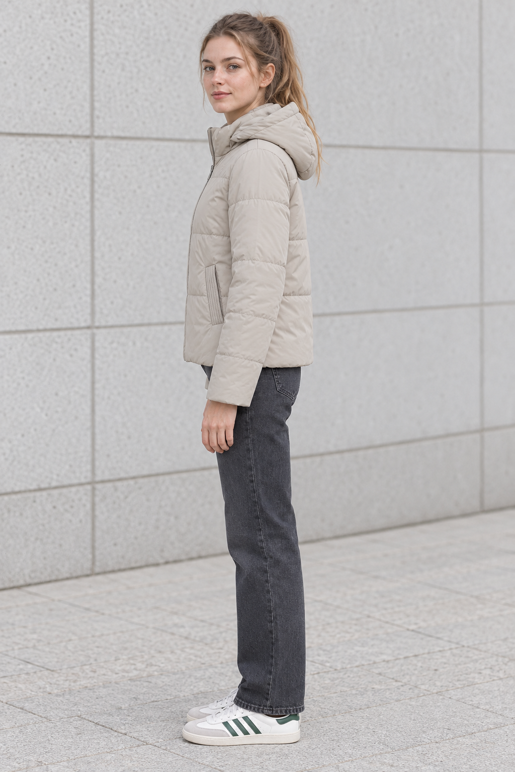 Women’s Stone Nylon Puffer Jacket with Hood – Regular Fit Winter Jacket