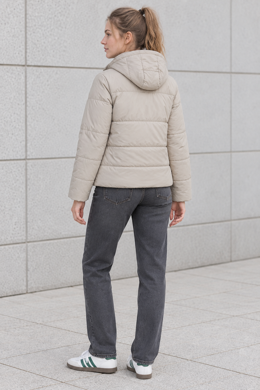 Women’s Stone Nylon Puffer Jacket with Hood – Regular Fit Winter Jacket