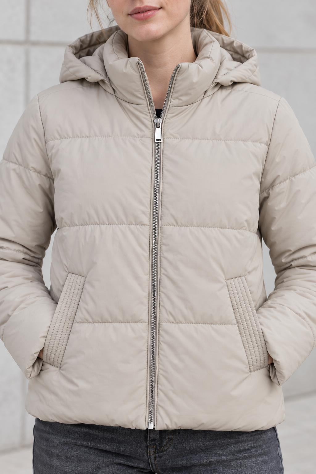 Women’s Stone Nylon Puffer Jacket with Hood – Regular Fit Winter Jacket
