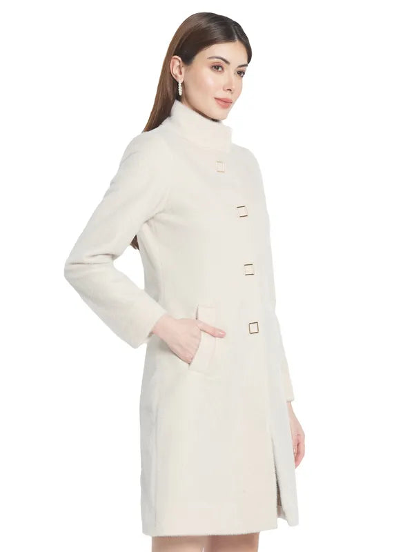 Mettle Women Cream-Colored Solid Cotton Overcoat