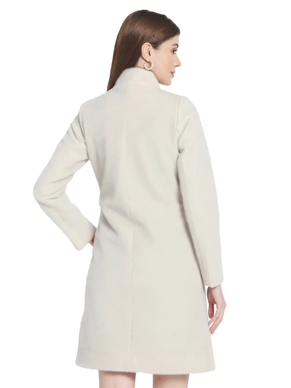 Mettle Women Cream-Colored Solid Cotton Overcoat