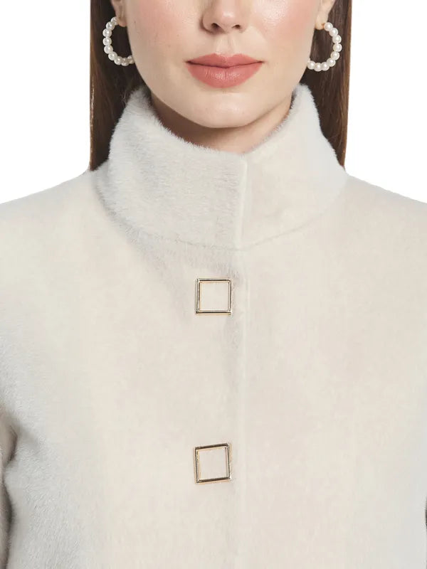 Mettle Women Cream-Colored Solid Cotton Overcoat