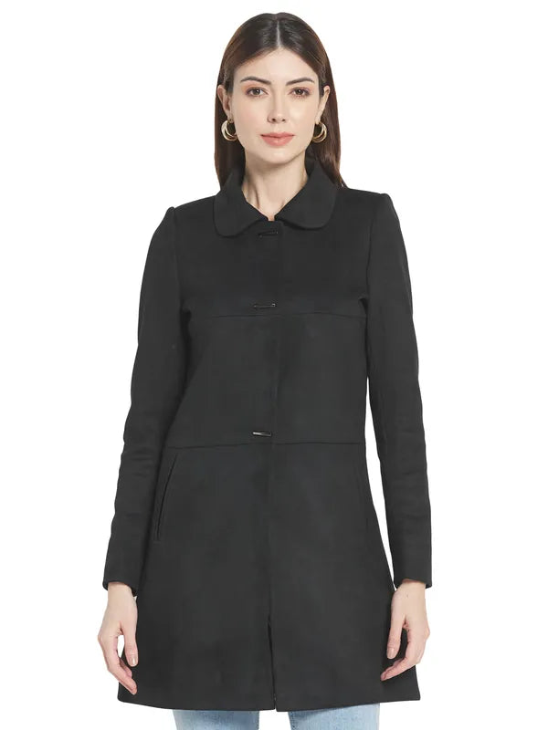 Mettle Women Black Solid Cotton Coat