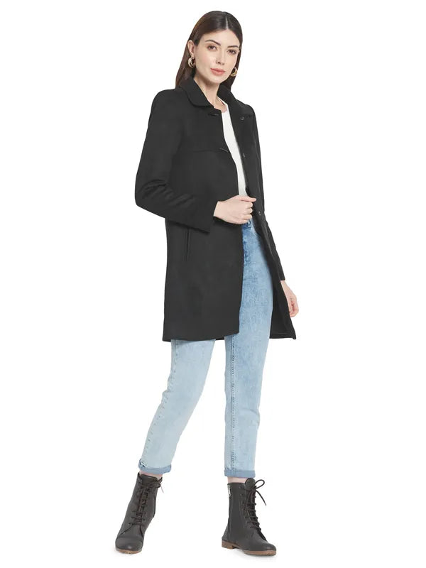 Mettle Women Black Solid Cotton Coat