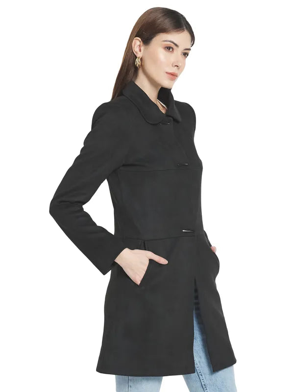 Mettle Women Black Solid Cotton Coat