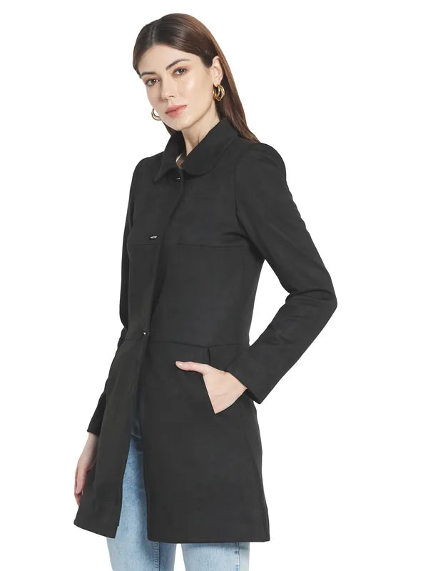 Mettle Women Black Solid Cotton Coat