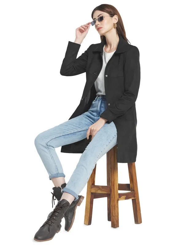 Mettle Women Black Solid Cotton Coat