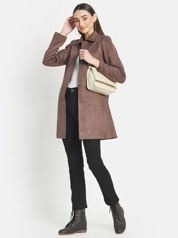 Mettle Women Brown Solid Cotton Coat