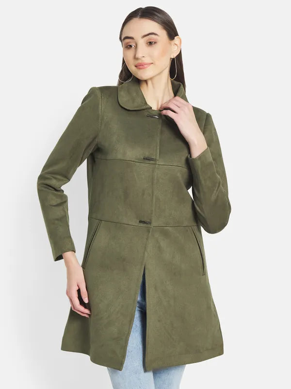 Mettle Women Olive Green Solid Coat