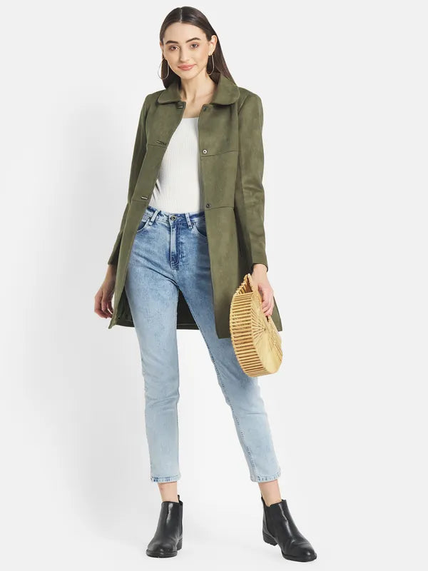 Mettle Women Olive Green Solid Coat