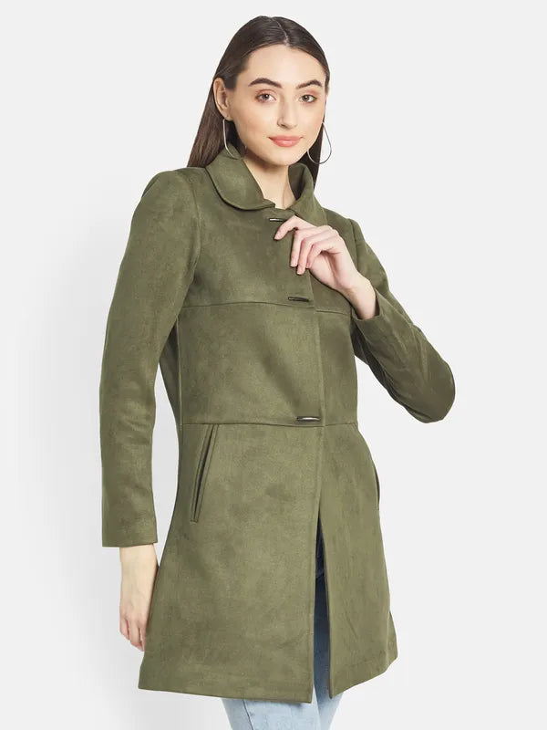 Mettle Women Olive Green Solid Coat