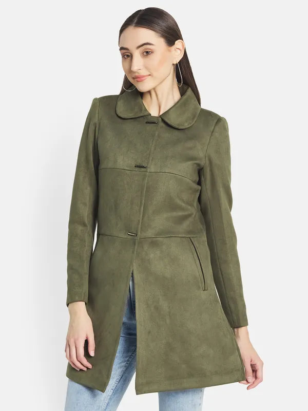 Mettle Women Olive Green Solid Coat