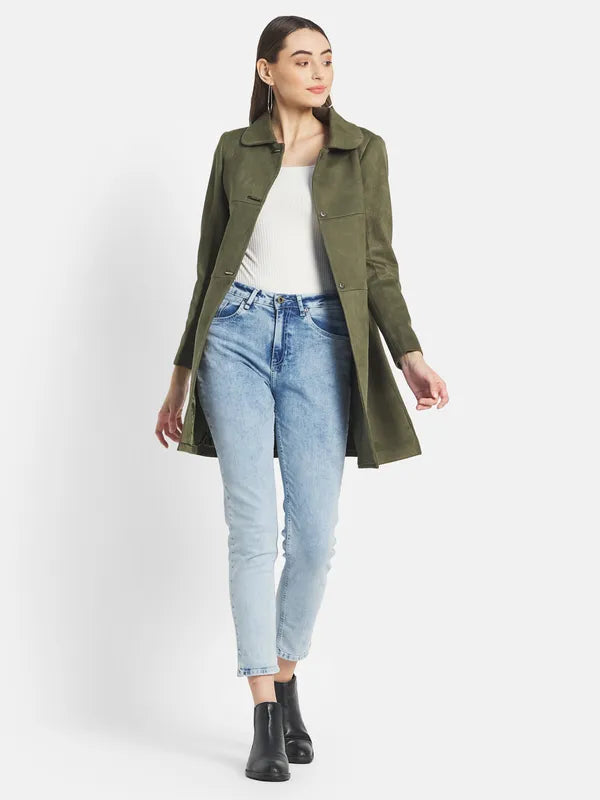 Mettle Women Olive Green Solid Coat