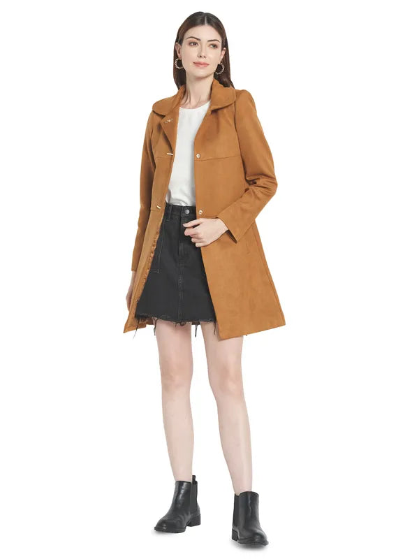 Mettle Women Brown Solid Cotton Overcoat