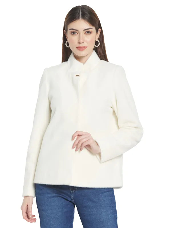 Mettle Women White Solid Cotton Overcoat