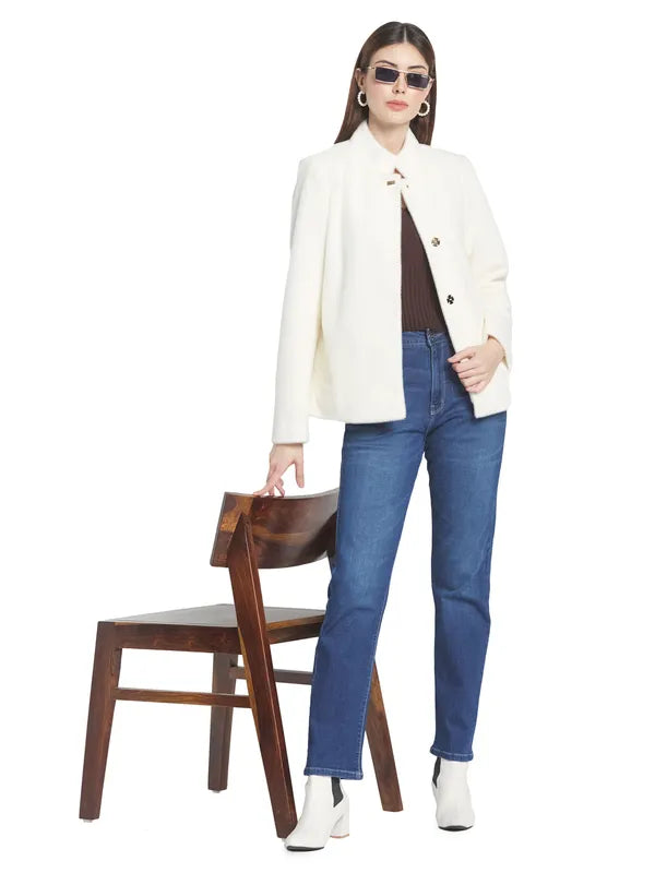 Mettle Women White Solid Cotton Overcoat