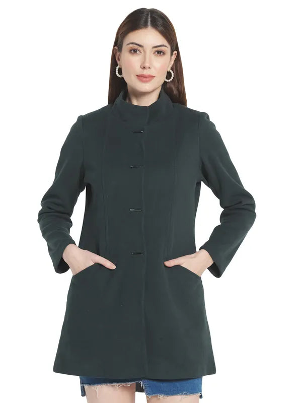 Mettle Women Green Solid Single-Breasted Cotton Trench Coat