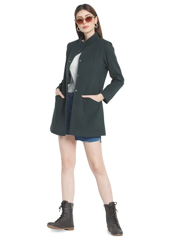 Mettle Women Green Solid Single-Breasted Cotton Trench Coat