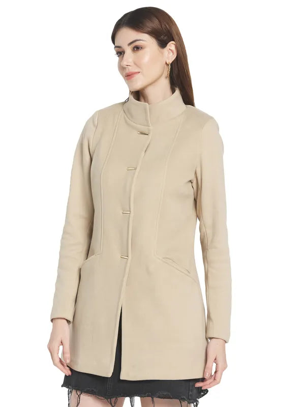 Mettle Women Cream Solid Cotton Overcoat