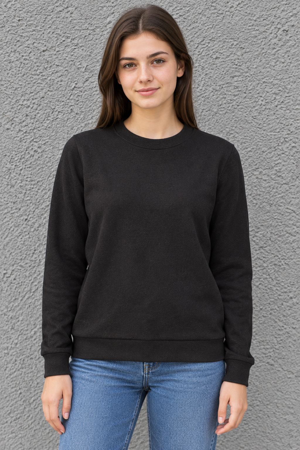 Women’s Lightweight Ultra Warm Knitted Sweatshirt – Black Crew Neck, Full Sleeves