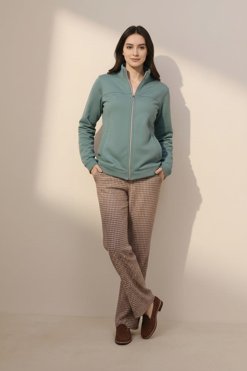 Women Solid Mandarin Neck Sweatshirt