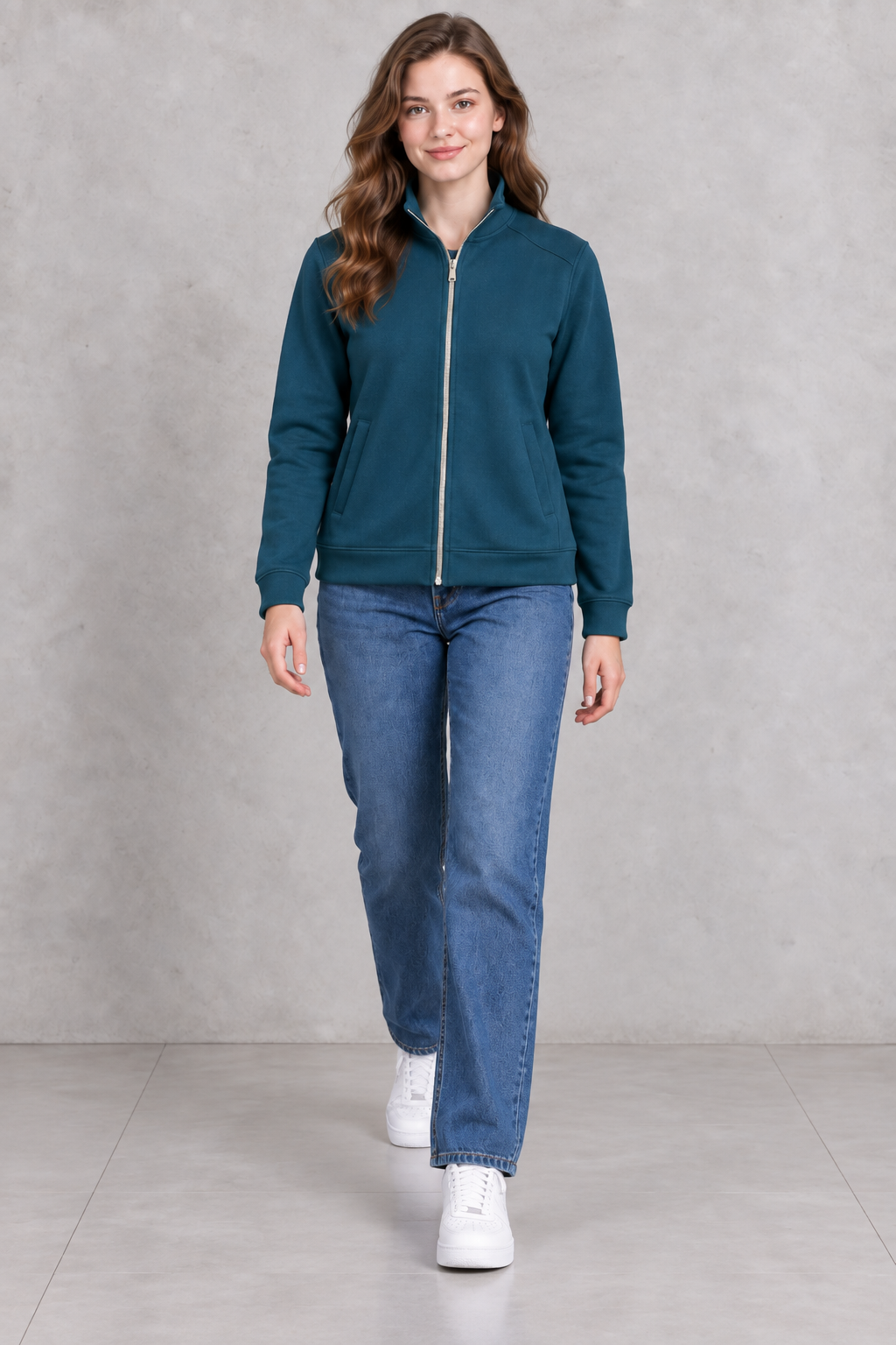 Women’s Pacific Melange German Velvet Sweatshirt | Full-Zip Regular Fit High Neck Jacket