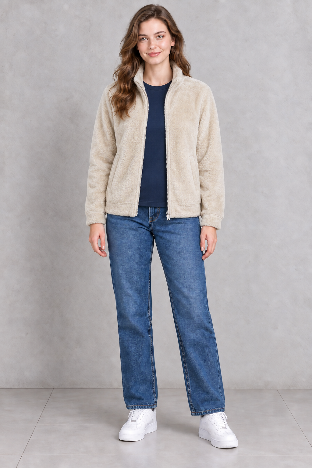 Women’s Sand Double-Sided Coral Fleece Full-Zip Sweatshirt – Regular Fit
