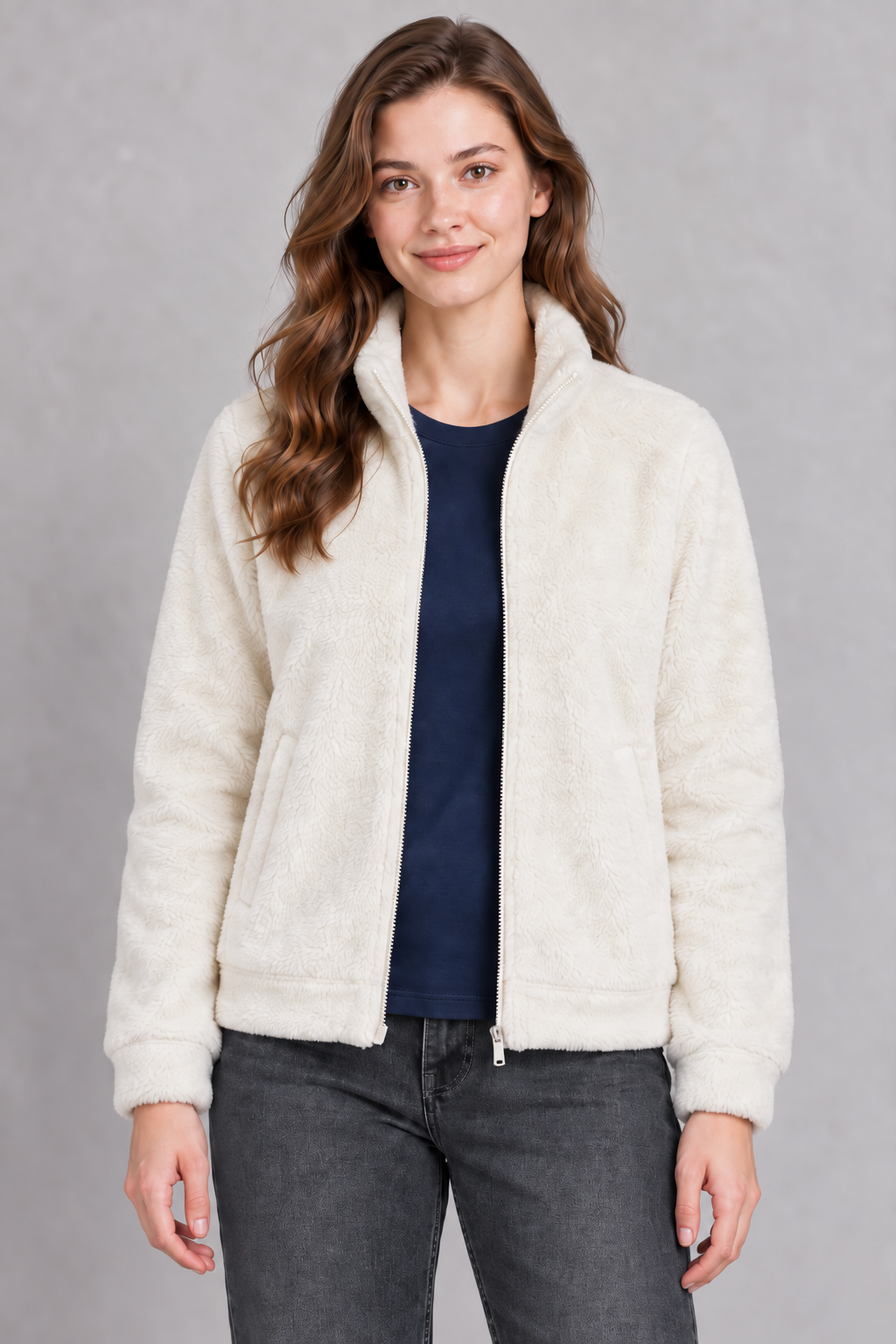 Women’s Off-White Double-Sided Coral Fleece Full-Zip Sweatshirt – Regular Fit