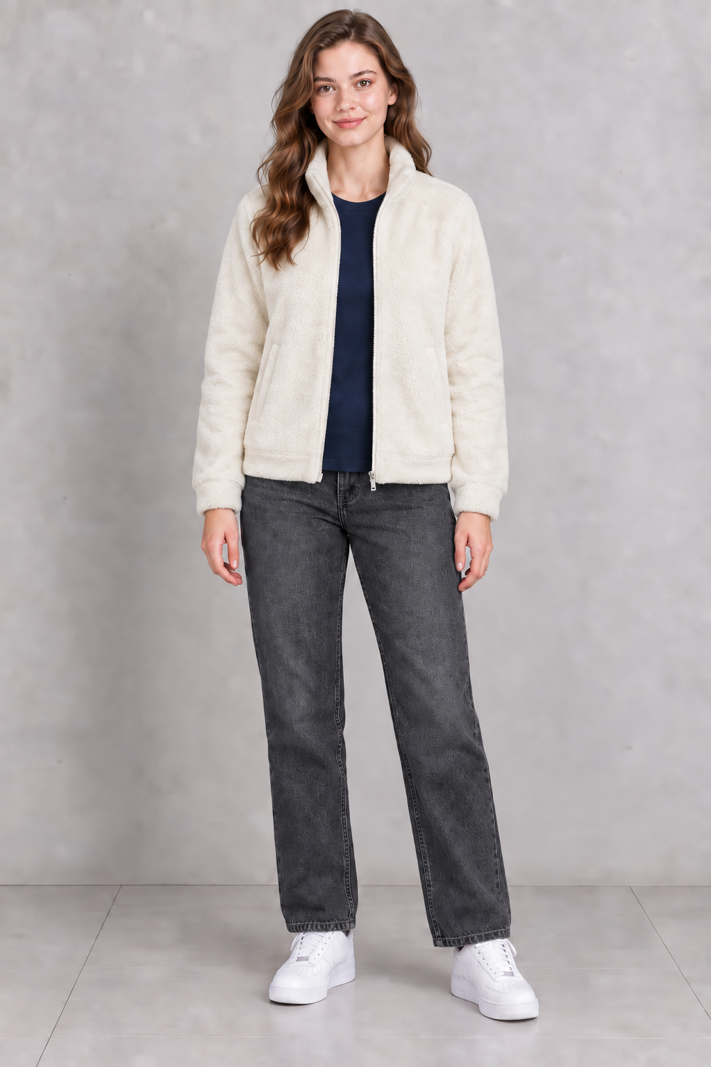 Women’s Off-White Double-Sided Coral Fleece Full-Zip Sweatshirt – Regular Fit