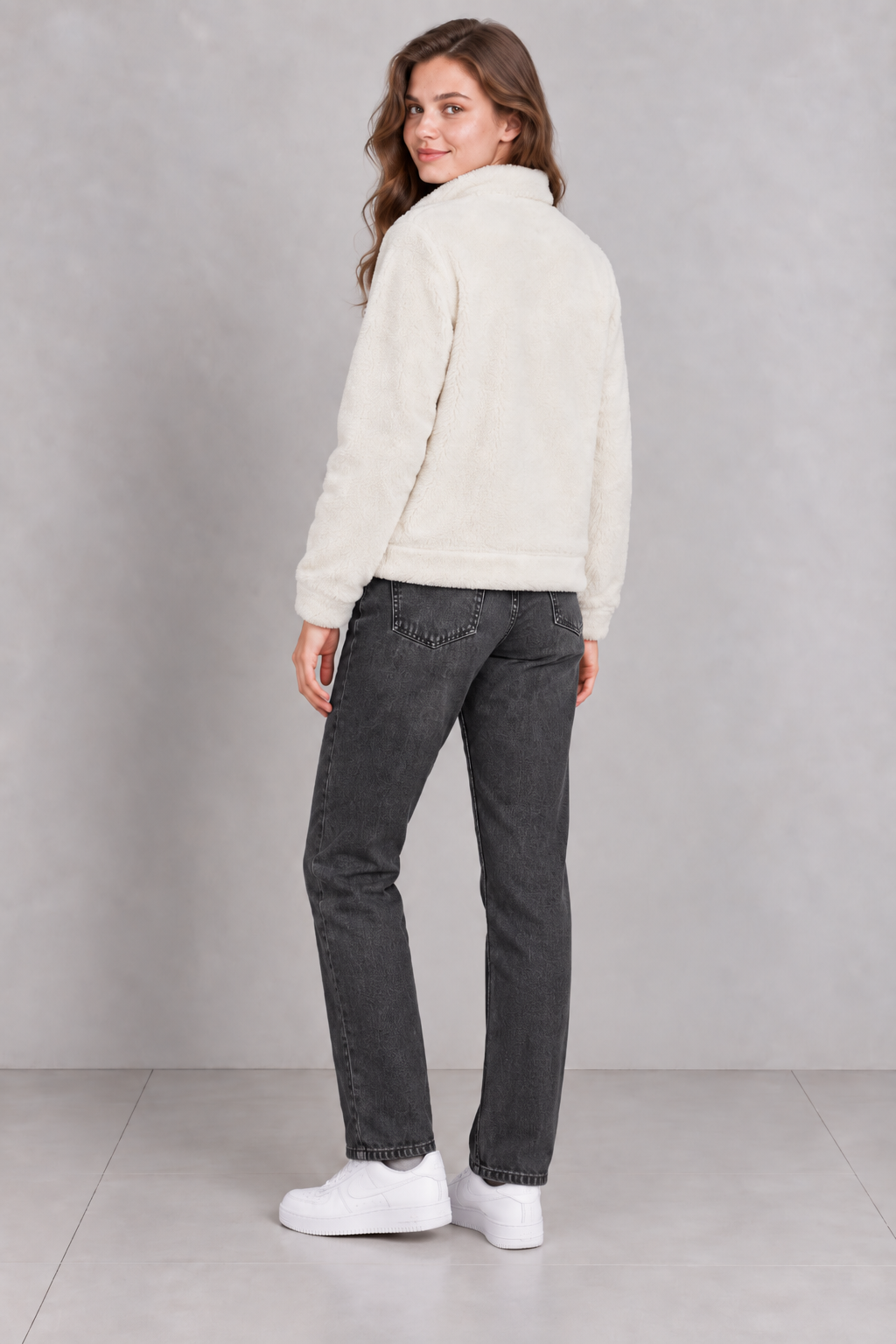 Women’s Off-White Double-Sided Coral Fleece Full-Zip Sweatshirt – Regular Fit