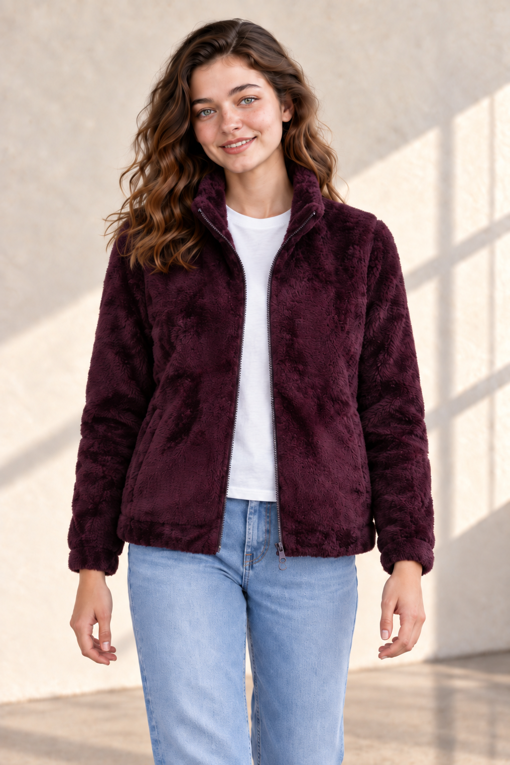 Women’s Wine Coral Fur Sweatshirt | Full-Zip Regular Fit High Neck Winter Jacket