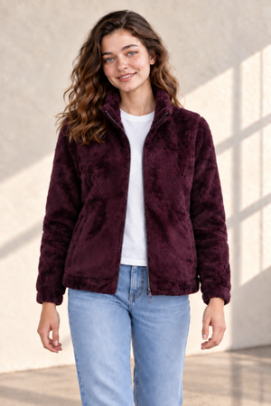 Women’s Wine Coral Fur Sweatshirt | Full-Zip Regular Fit High Neck Winter Jacket