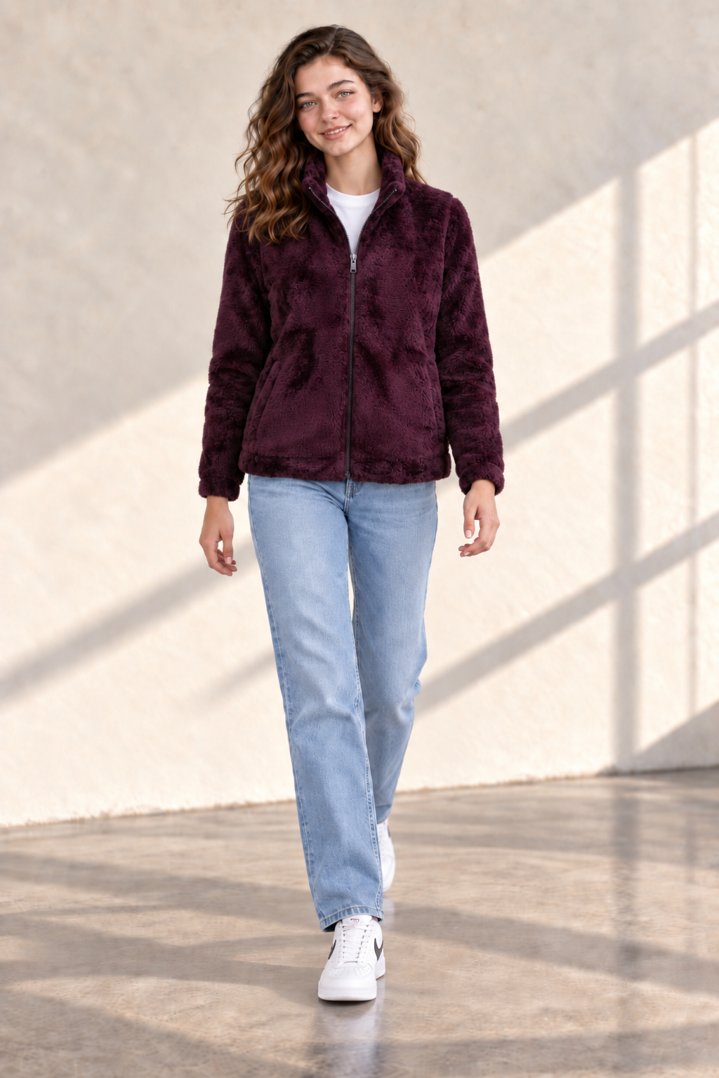 Women’s Wine Coral Fur Sweatshirt | Full-Zip Regular Fit High Neck Winter Jacket