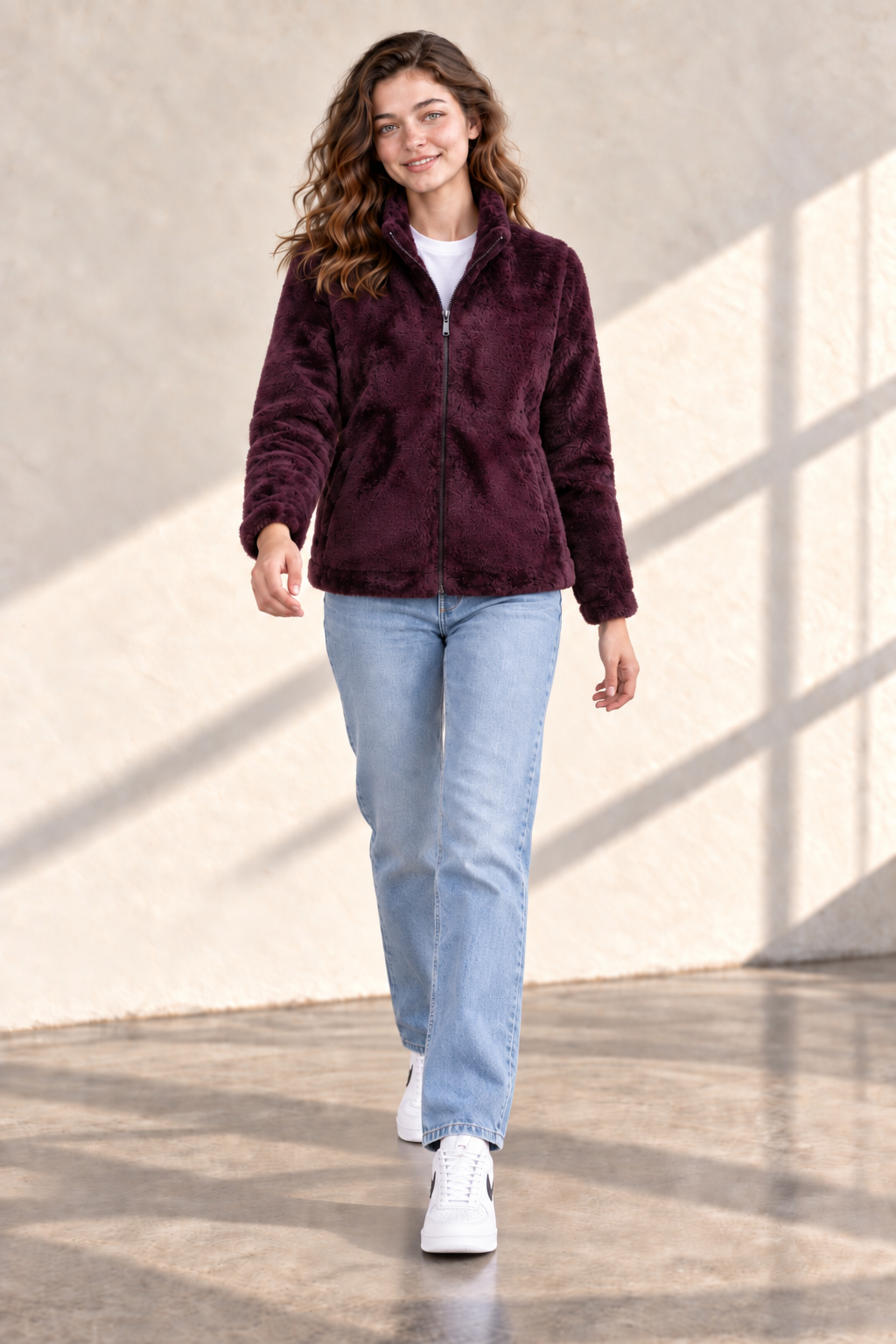 Women’s Wine Coral Fur Sweatshirt | Full-Zip Regular Fit High Neck Winter Jacket